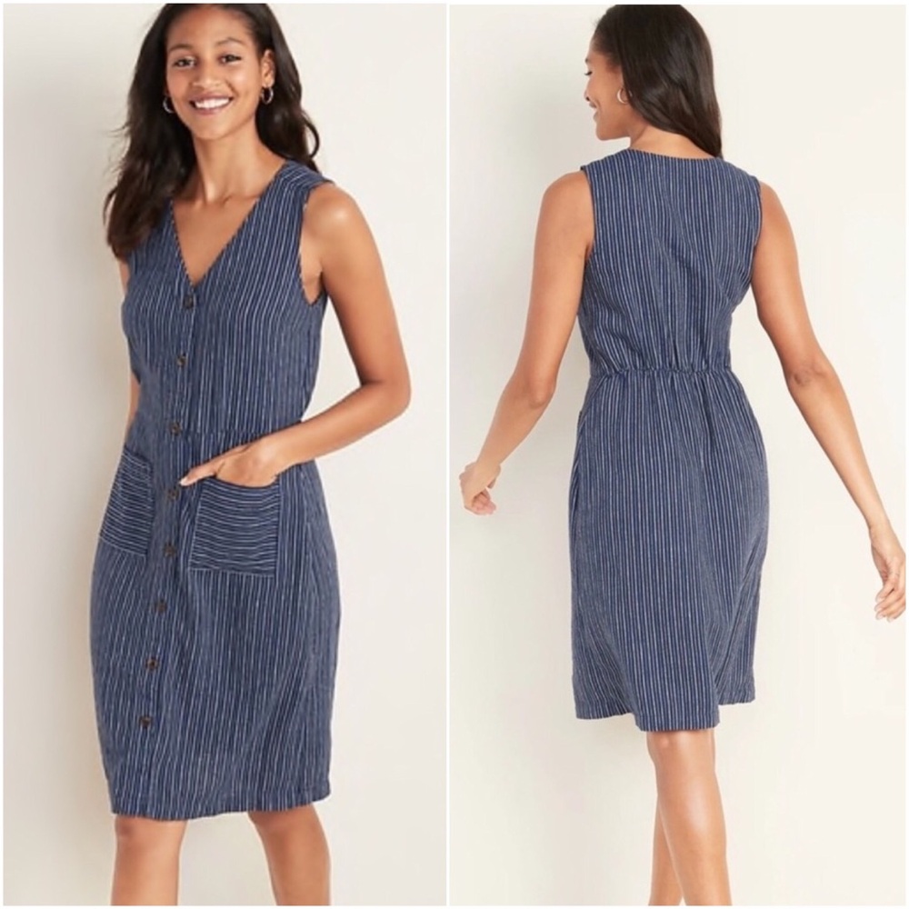 Old Navy Blue Striped Linen Blend Dress | M